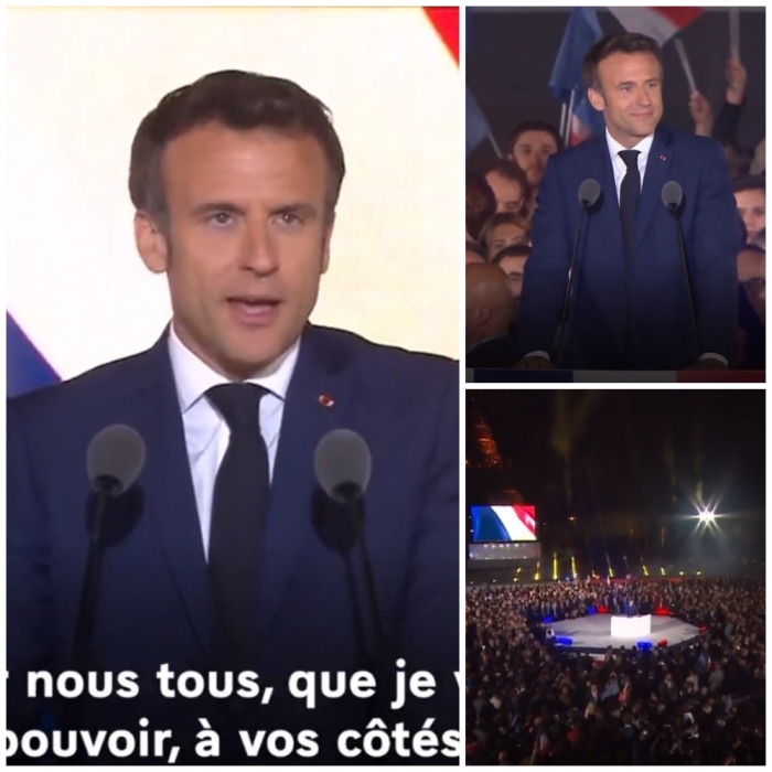 파리 에펠탑 앞에서 대선 승리 후 대통령 수락 연설 하는 마크롱 