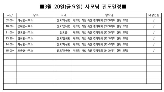 ▲ 3월 20일, SNS에 공개된 '사모님 진도일정' - 급조된 관제 행사 일정을 누군가로부터 전달받아 시간대별로 선거운동 계획을 세운 것으로 보인다.